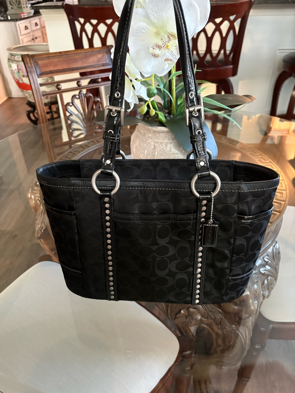🖤🖤COACH Y2K LUREX JACQUARD & LEATHER STUDDED GALLERY TOTE!🖤🖤F12853